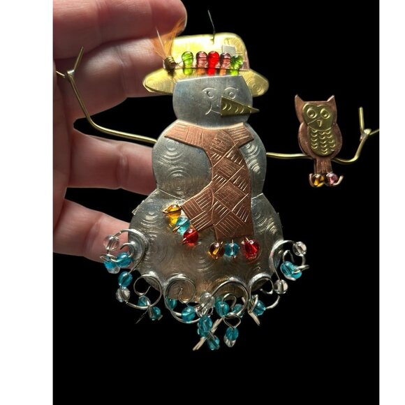 Holiday Metal Art Bronze Nickel & Copper Beaded Wire Snowman Christmas Ornament - Picture 9 of 9